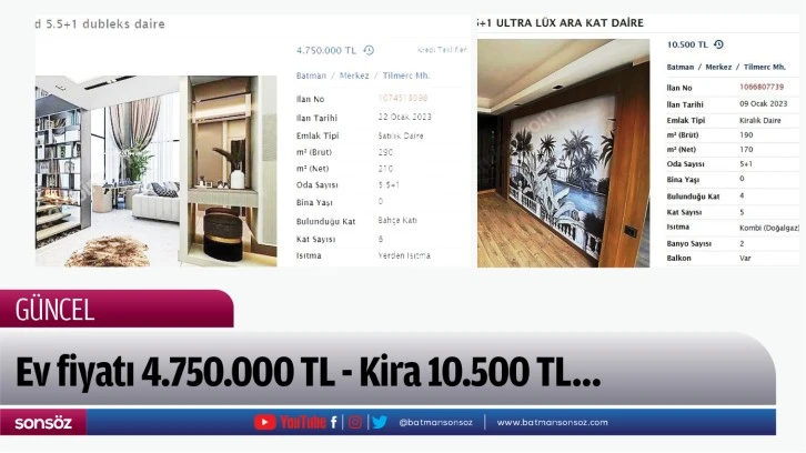 Ev fiyatı 4.750.000 TL - Kira 10.500 TL…