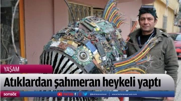 Atıklardan şahmeran heykeli yaptı