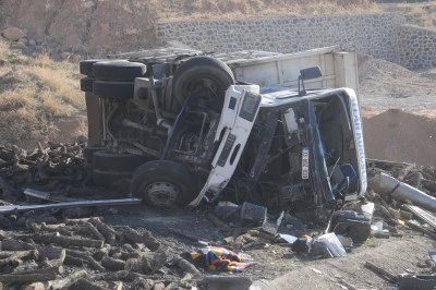 Devrilen odun y&uuml;kl&uuml; kamyondaki 2 kişi yaralandı